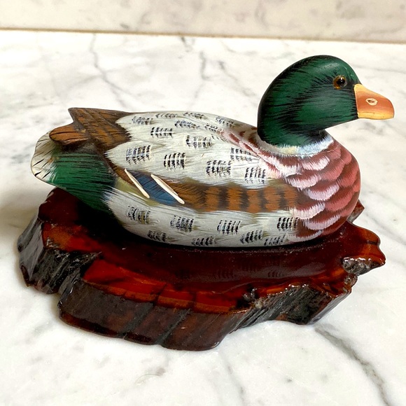 Hand Carved and Painted Mallard on Wood Stand - Picture 2 of 5